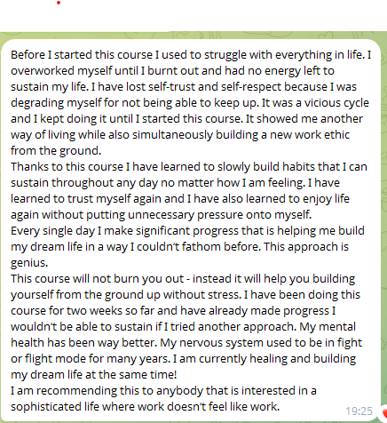 Anil's testimonial describing sustainable habits, renewed self-trust, less pressure, and daily progress